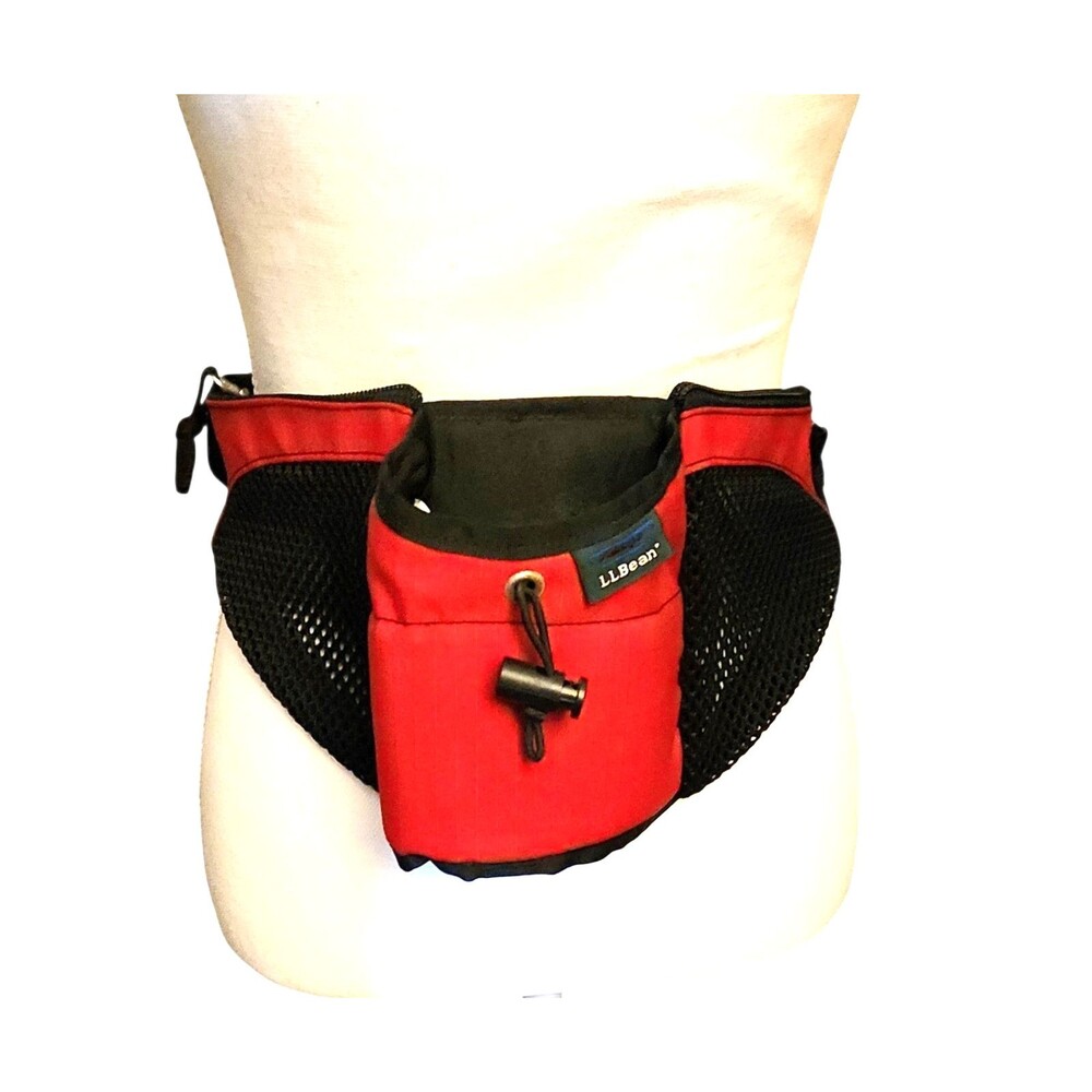 Vintage LL Bean Waist Pack Bottle Holder Zip Mesh Pockets Red w/ Black Belt